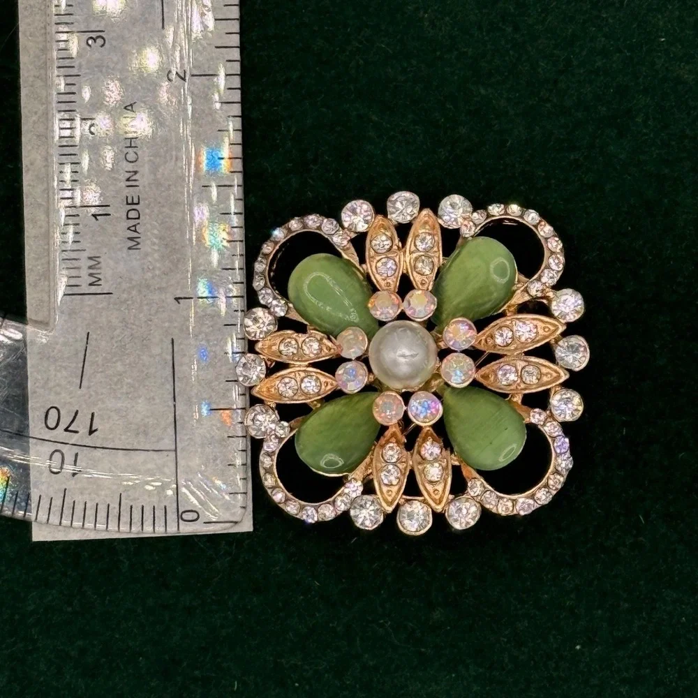 Gold Tone Rhinestone Flower Brooch Faux Pearl Green Lucite Pin 1.5